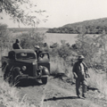 Dr Isaac Steinberg and assistants investigating potential settlement sites, Ord River, Kimberley.